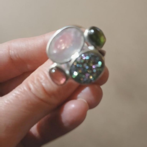 Pink & Green Tourmaline Druzy Quartz Cluster Statement Ring 925 - Picture 4 of 7